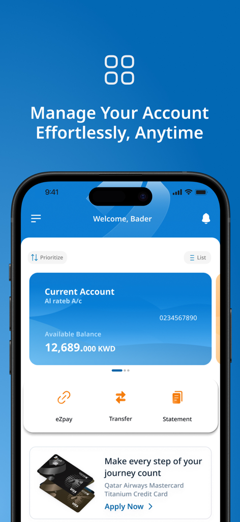Burgan Bank mobile app interface showing account balance and banking services