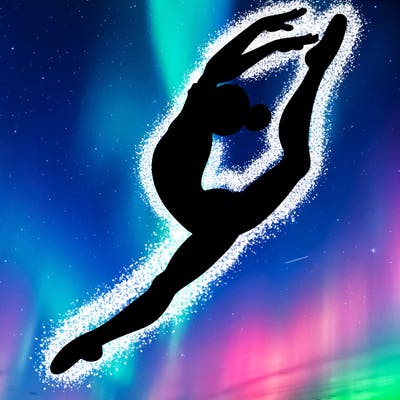 gymnast doing a leap in a leotard with a bent back leg