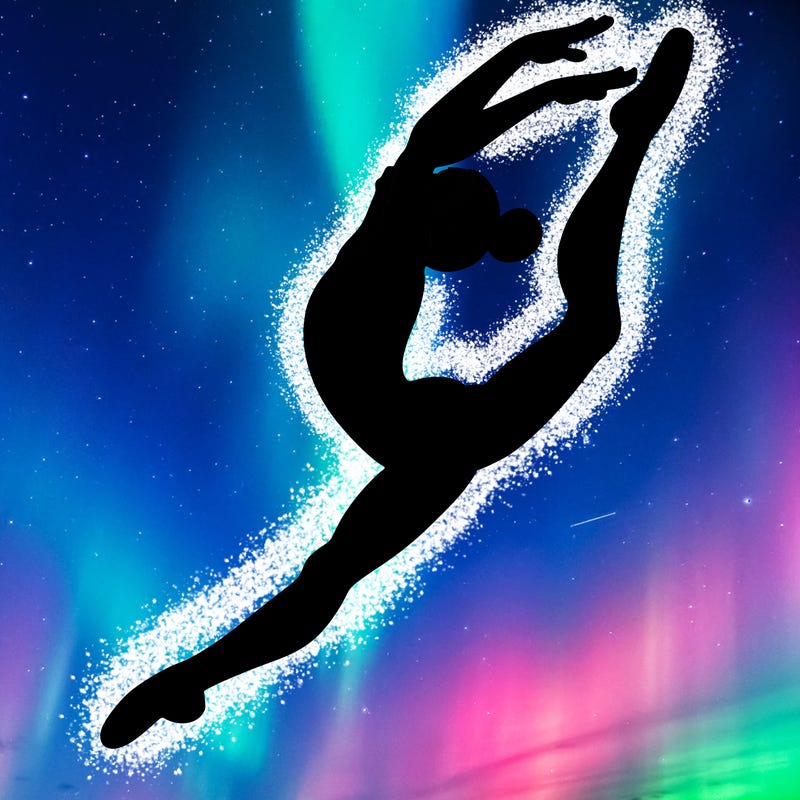 gymnast doing a leap in a leotard with a bent back leg