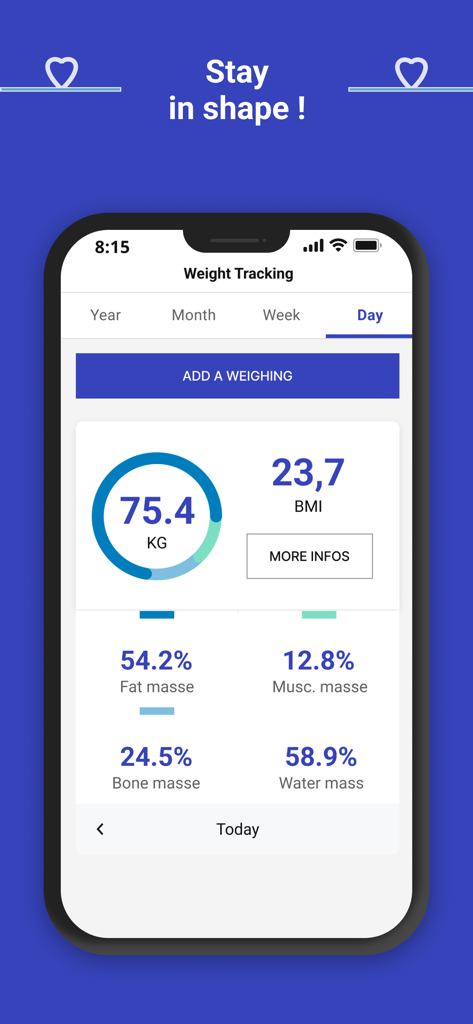 Decathlon Connect - Interfaz de la aplicación Decathlon Connect que muestra métricas de composición corporal como peso, IMC, masa grasa y masa muscular