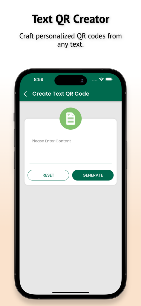 EasyScan: Barcode & QR Scanner - Pantalla de la aplicación EasyScan que muestra la interfaz del Creador de QR de Texto para generar códigos QR personalizados.