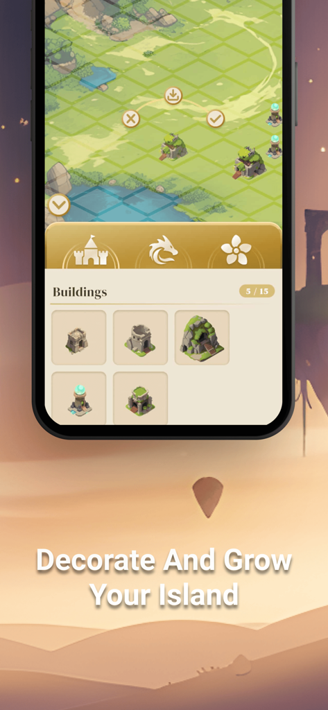 Fluffle: Focus With Dragons - Fluffleアプリの画面に、建物メニューと島の装飾オプションが表示されています。