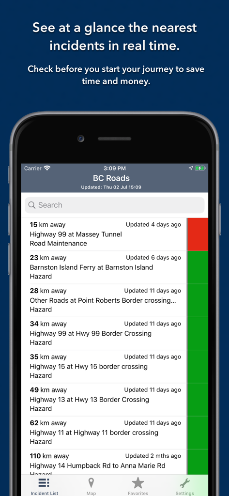 British Columbia Roads app incident list showing real time traffic alerts and road maintenance updates sorted by distance