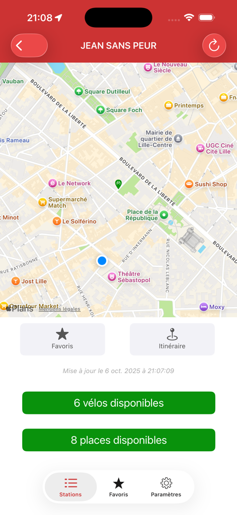 Écran de l'application Simple V'Lille affichant la disponibilité en temps réel des vélos et des bornes à la station Jean Sans Peur sur une carte