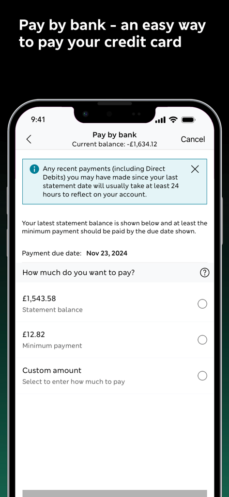 M&S Banking app screen for paying a credit card bill via bank transfer.