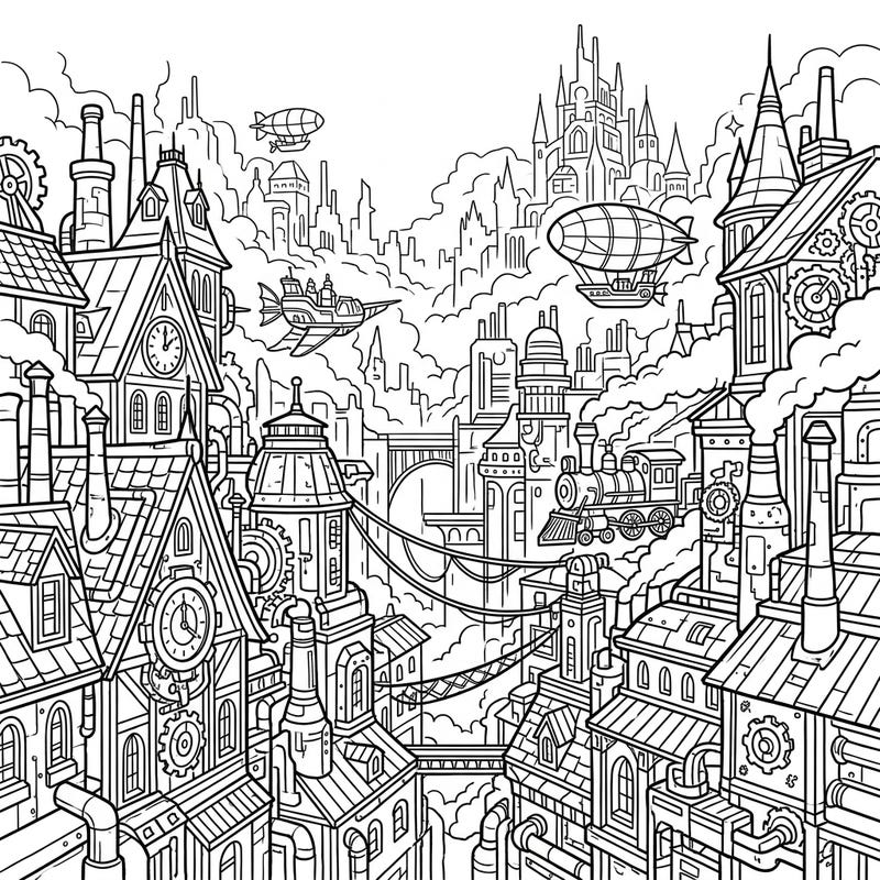 Journey into a magnificent Steampunk city emerging from a mysterious fog, where Victorian-era charm meets fantastical machinery. This detailed coloring page invites you to bring a vibrant new world to life with your favorite colors.