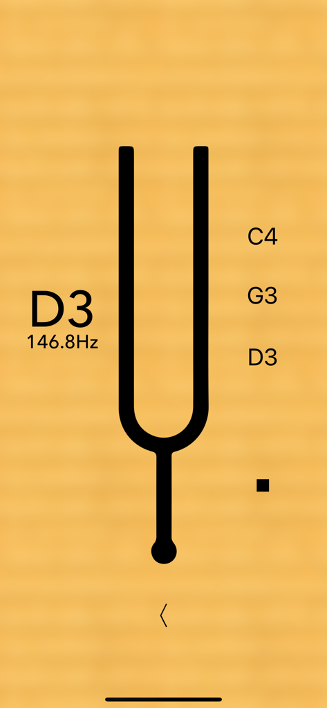 Sanshin Tuner Pro - 三線チューナーProインターフェース、ノートD3とヘルツでの周波数を表示するチューニングフォークアイコンを表示