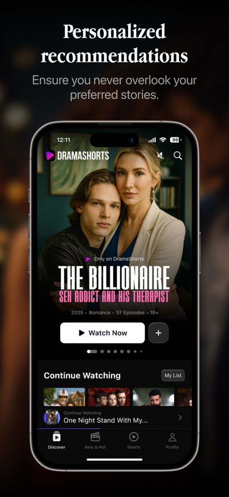Interfaz de la aplicación DramaShorts que muestra recomendaciones personalizadas de dramas cortos y una serie destacada titulada The Billionaire Sex Addict and His Therapist.