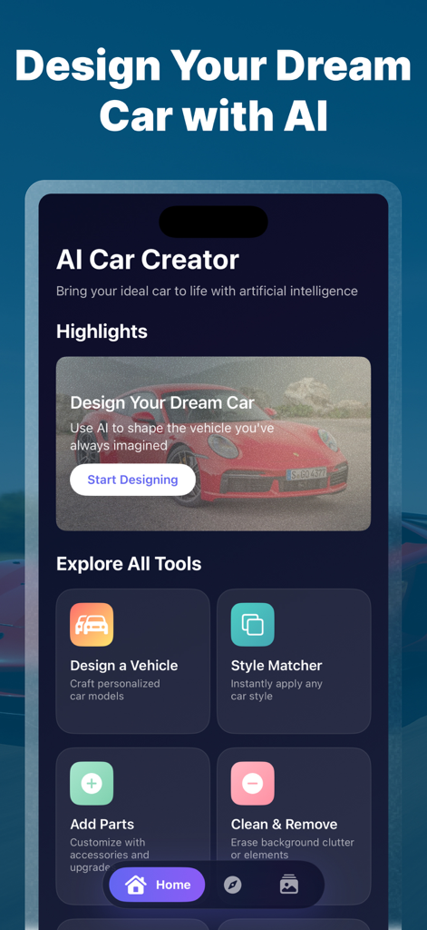 AI Car Tuning Designer Tool - Main menu of the AI Car Tuning Designer app with tools for vehicle design and part customization.