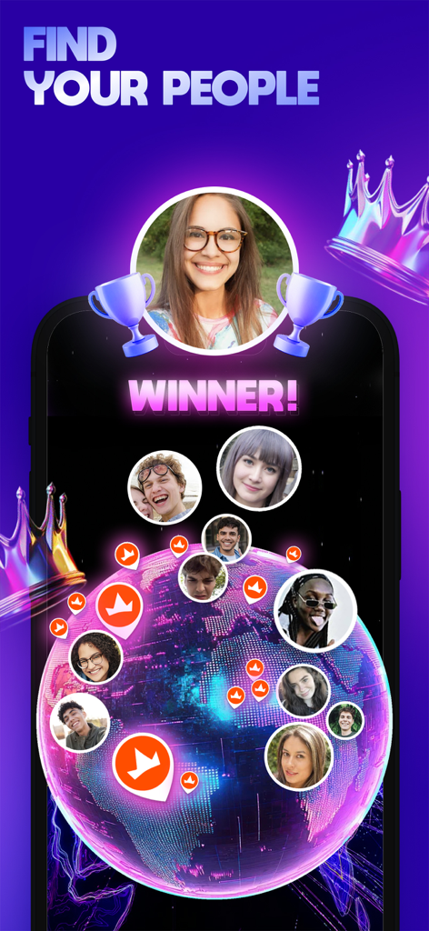 A screen from the SLAP app showing a game winner with trophies and a digital globe featuring player profile pictures under the headline Find Your People