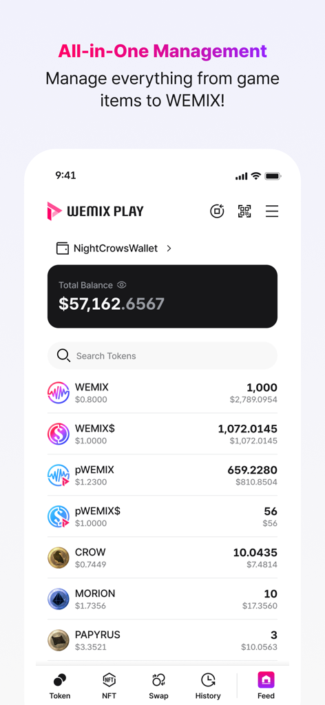 WEMIX PLAY app interface showing crypto wallet balance and gaming tokens