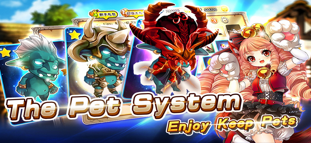 Gods Wars IV : Rise of War-God - Présentation du système de familiers de Gods Wars IV Rise of War-God avec des cartes de monstres et un personnage héros de style anime