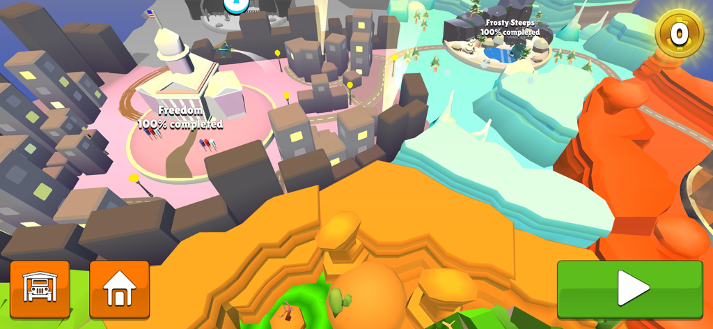 Faily Brakes Roadtrip - World map view in Faily Brakes Roadtrip showing different game environments and level progress.