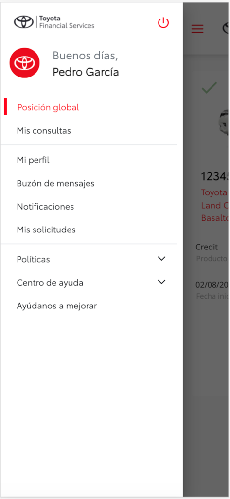 Mi Banco Toyota - Menú de navegación lateral de la aplicación Mi Banco Toyota que muestra las opciones de cuenta y perfil en español