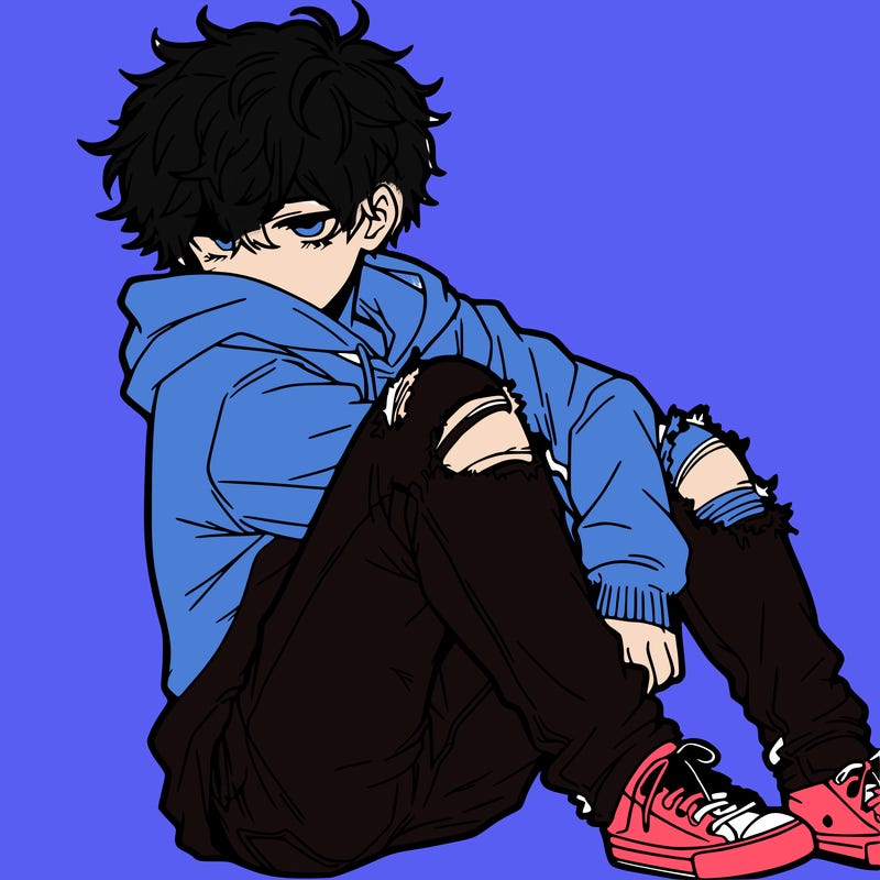 a male hoddie ripped jeans messy hair anime