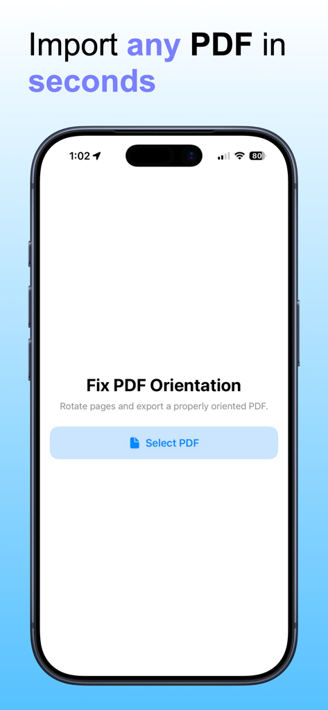 Tela do iPhone exibindo a interface do aplicativo Girar PDF com um botão Selecionar PDF para corrigir a orientação do documento