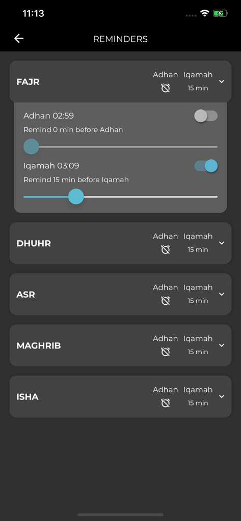 My Masjid Community - The Reminders interface of the My Masjid Community app for setting prayer time notifications.