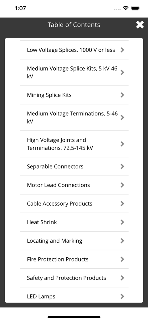 Table of Contents screen in the 3M Electrical app listing professional product categories like splices, terminations, and heat shrink