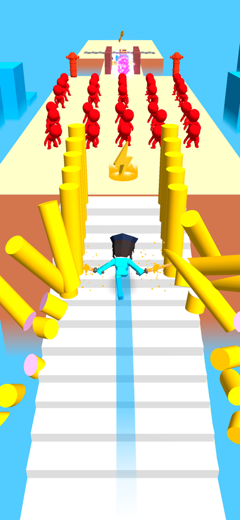 A character in blue slicing through yellow pillars on a white staircase towards red enemies in a 3D arcade game.