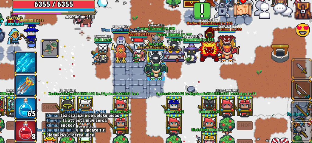 World of Solaria - MMORPG - A crowded social hub in World of Solaria MMORPG showing multiple players and pixel art characters in a snowy environment