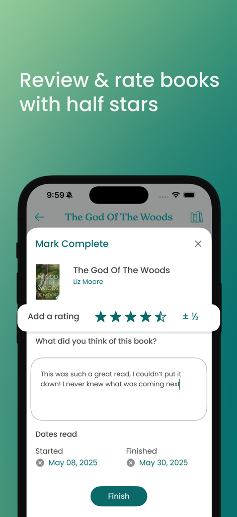 Storyline – Book Club App - A interface do aplicativo Storyline para avaliar e comentar livros com estrelas quebradas