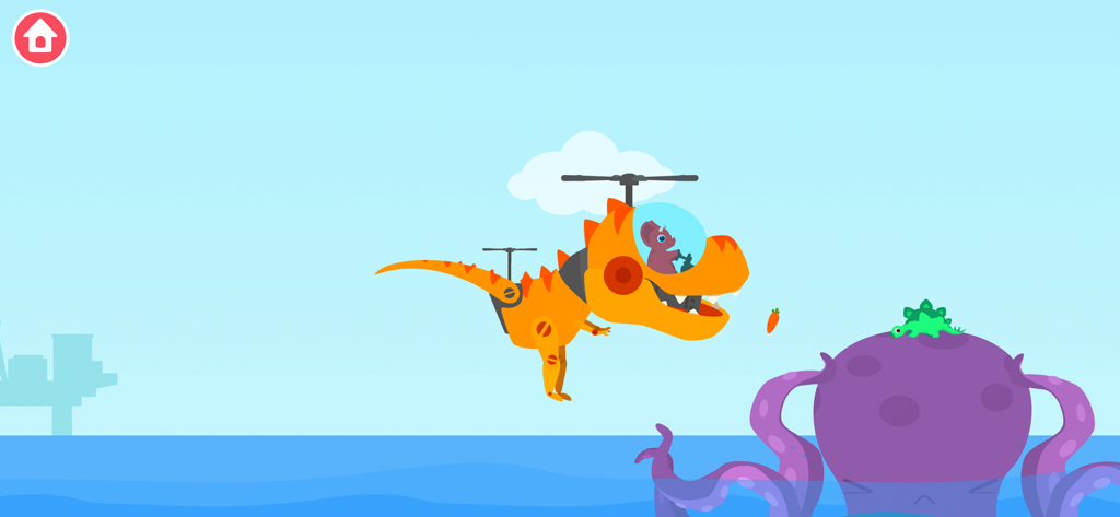 A dinosaur pilot in a T-Rex shaped helicopter rescuing a small dinosaur from the head of a purple octopus in the ocean