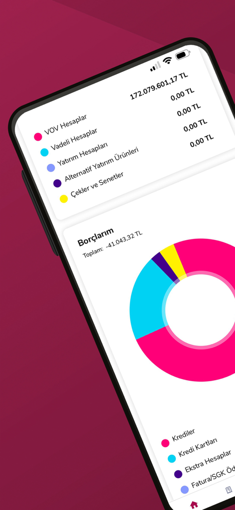 Alternatif Bank Mobile - Alternatif Bank mobile app interface showing financial status and debt distribution chart