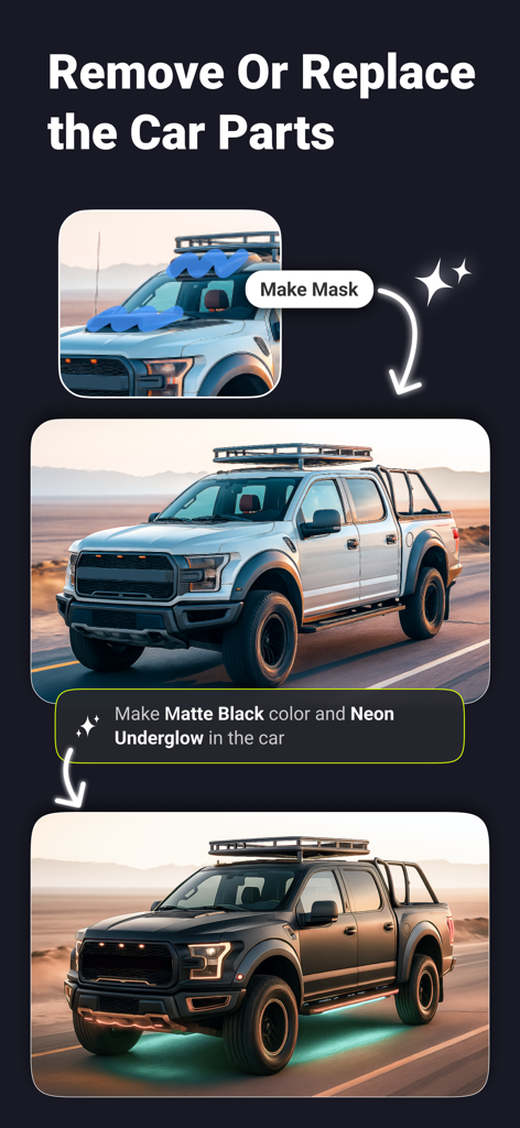 AI Car Designer Modify: AI Car - Interface of an AI car modification app showing how to replace parts and change paint color to matte black with neon underglow on a truck