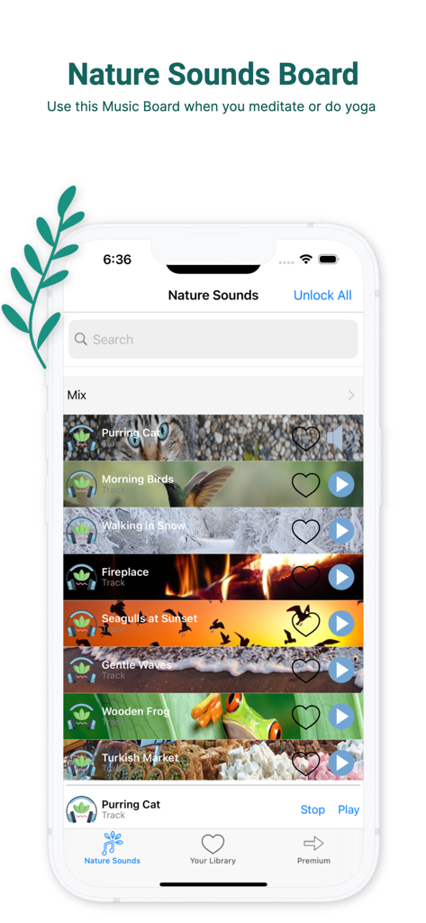 Nature Sounds: Yoga and Sleep - Una captura de pantalla de la interfaz de la aplicación Sonidos de la Naturaleza que muestra una biblioteca de sonidos ambientales como pájaros, olas del mar y fuego para meditación.