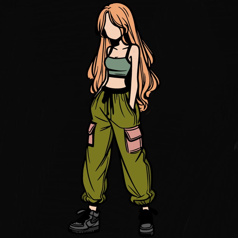 girl in baggy pants crop top and long hair