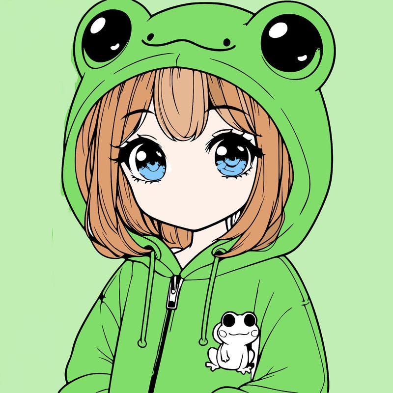 cute realistic girl in a froggy hoodie