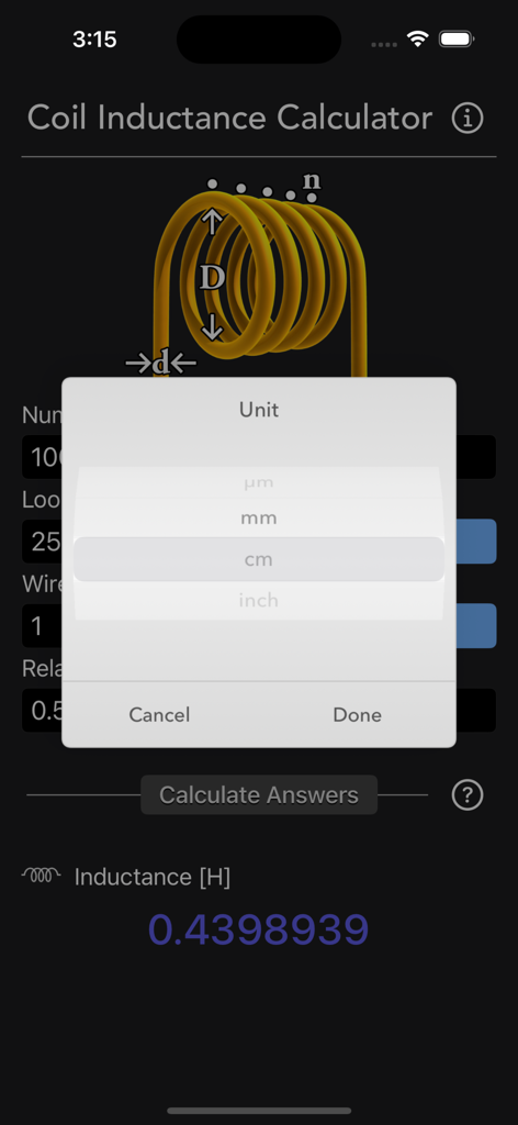 Interface de l'application Calculateur d'Inductance de Bobine montrant le menu de sélection des unités pour les entrées de mesure