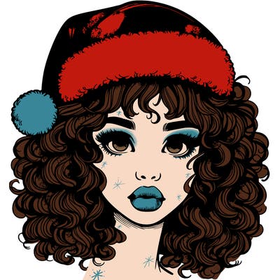 realistic girl with a santa hat curly hair and lips
