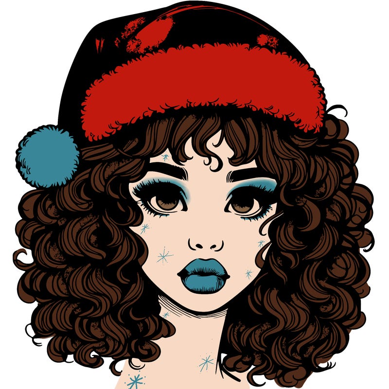 realistic girl with a santa hat curly hair and lips