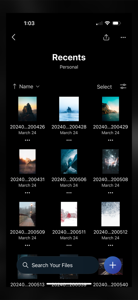 Sync with OneDrive - Grid view of recently synced photos in the Sync with OneDrive app.