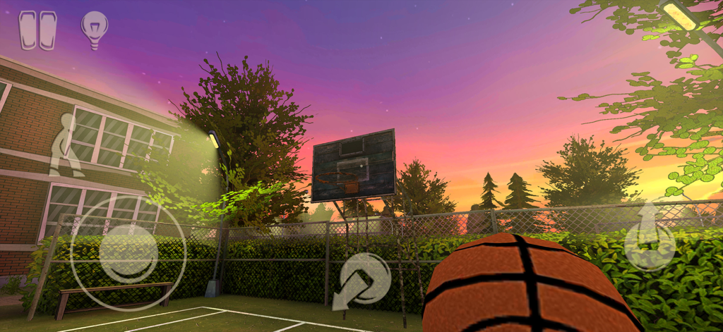 Horror Tale 1: Scary Kidnapper - First person gameplay view of a basketball court at sunset in Horror Tale 1