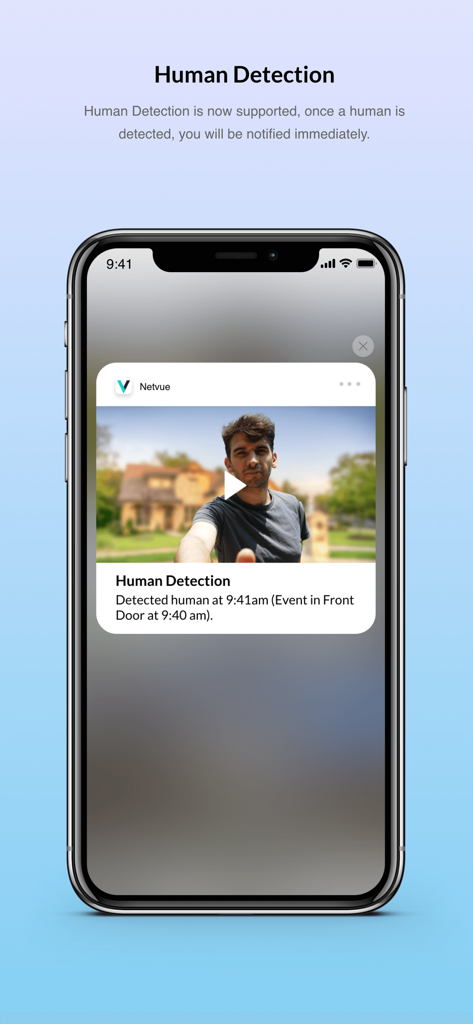 Captura de tela do aplicativo Netvue exibindo uma notificação de detecção humana em uma tela de smartphone