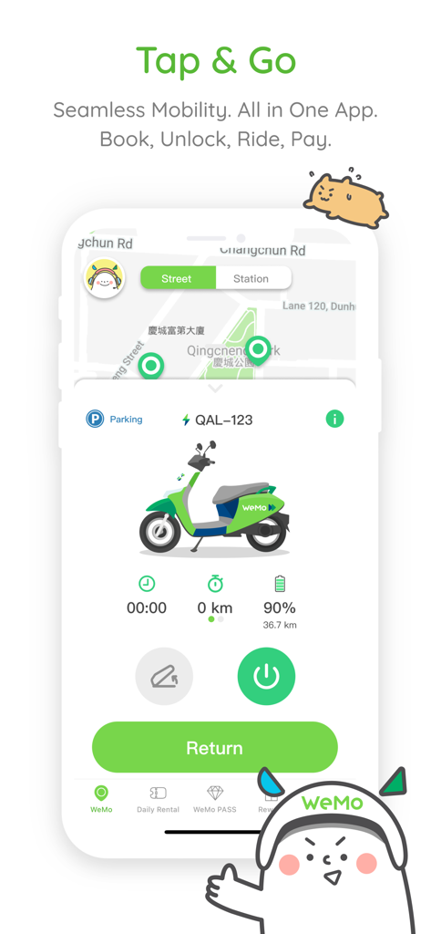 WeMo Scooter mobile app showing the booking and return interface with a map and scooter status