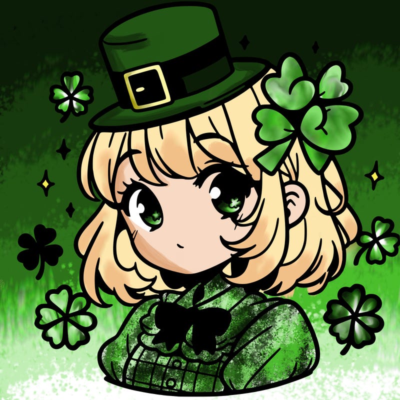 a manga-style girl with clovers around her, a little hat in her hair, like it's saint patrick's day