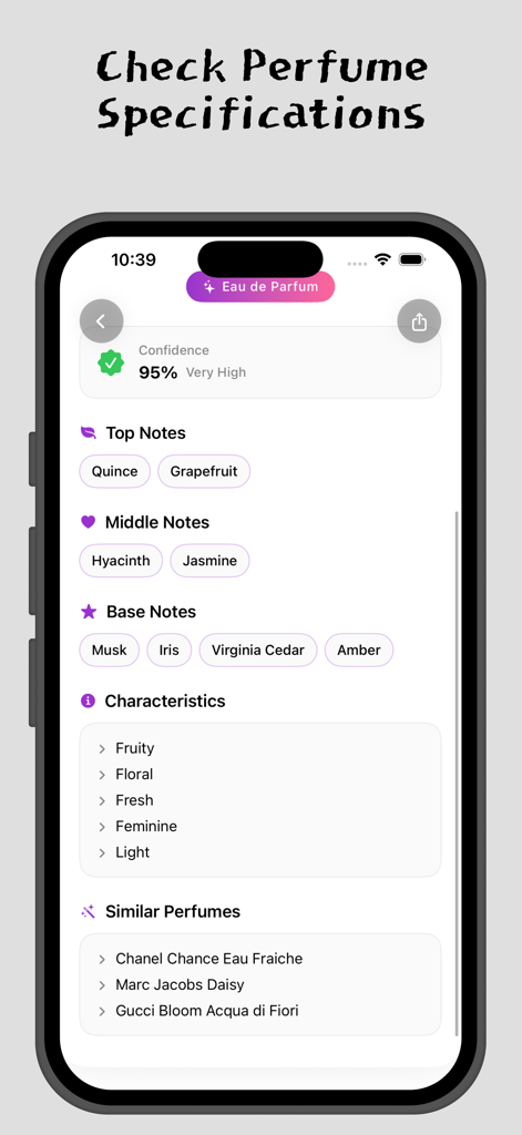 AI Perfume Identifier Scanner - Una schermata di un'app mobile che mostra specifiche dettagliate del profumo, comprese note di testa, cuore e fondo, caratteristiche della fragranza e raccomandazioni di fragranze simili