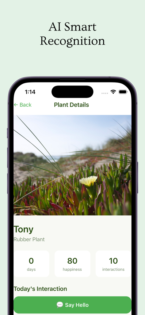 Plant Friend - Pantalla de la aplicación móvil Plant Friend que muestra el reconocimiento de IA y las estadísticas de cuidado de una planta llamada Tony.