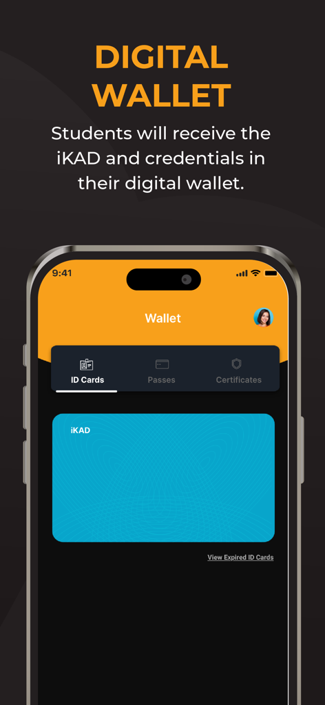 EMGS Hub - Digital Wallet Bildschirm in der EMGS Hub App mit einer Studenten-iKAD-Karte