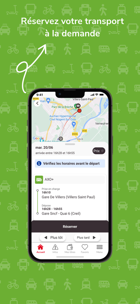 Pantalla de la app Oise Mobilite mostrando la reserva de transporte a demanda con un mapa de ruta