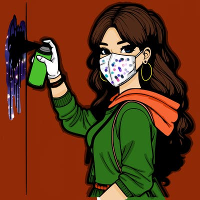 realistic girl with mask spray painting a wall