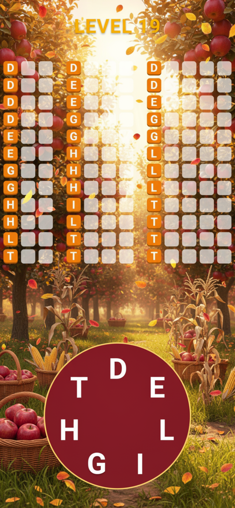 Word Trip gameplay showing word puzzle levels with an autumn apple orchard background