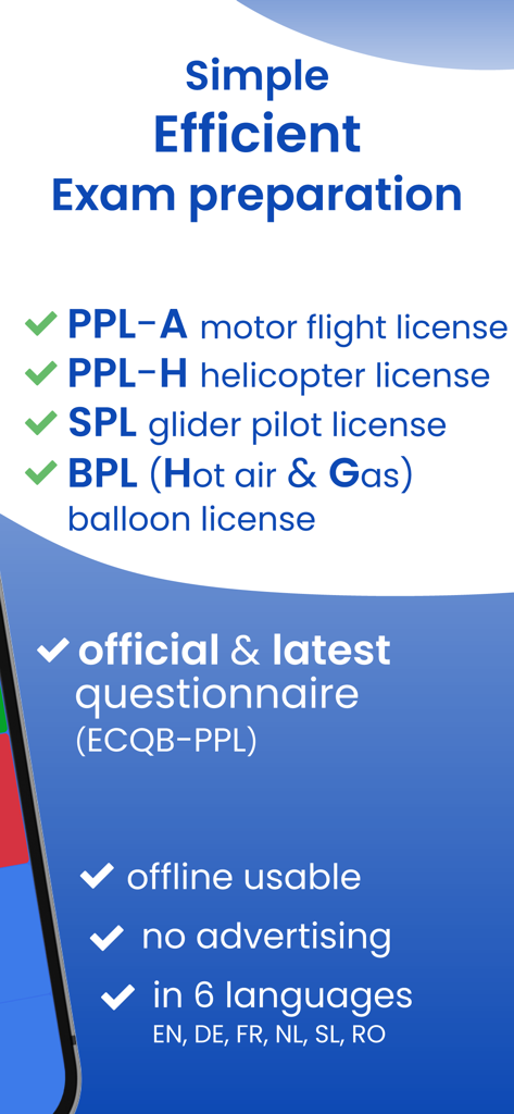 PPL: Pilot Aviation License - Caratteristiche chiave dell'app di preparazione all'esame PPL Pilot Aviation License che includono domande ufficiali ECQB e supporto multilingue