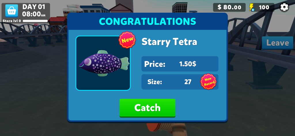 Dreamy Town - Una pantalla de felicitación en Dreamy Town que muestra la captura de un pez Tetra Estrellado morado con detalles de precio y tamaño