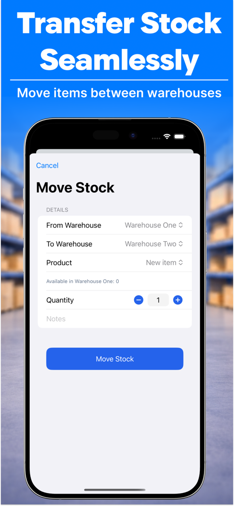 Inventory Tracker - Stock - Mobile screen for transferring stock between warehouses in the Inventory Tracker app