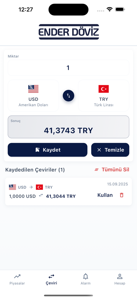 Ender Döviz - La interfaz de la aplicación Ender Doviz que muestra un convertidor de divisas entre Dólares Estadounidenses y Lira Turca.