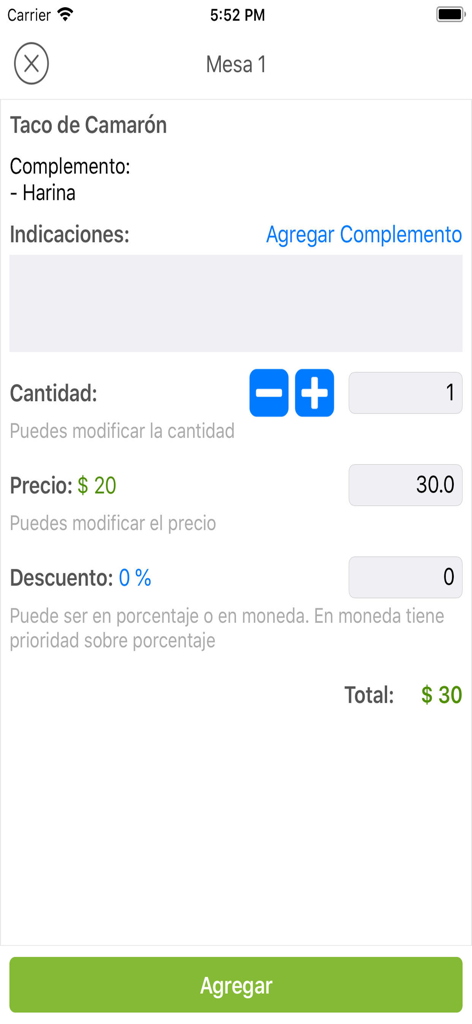 Tela de entrada de pedidos do POS móvel para um taco de camarão no aplicativo Vende YA! mostrando opções de preço e quantidade.